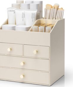 VLANDO Organiseur de maquillage avec tiroirs, organiseur de soins de la peau en cuir synthétique, organiseur de parfum, grande vitrine de maquillage pour rouge à lèvres, pinceaux cadeaux pour femme