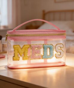 1 trousse à maquillage en PVC transparent pour femme avec motif lettre brodée, grande capacité, trousse de toilette de voyage pour un usage quotidien et voyage - Rose MEDS