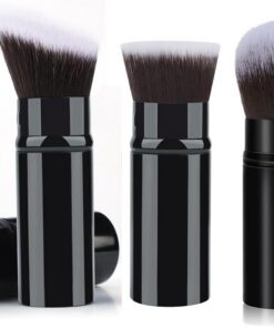 Lot de 3 pinceaux de maquillage portables – Pinceaux Kabuki rétractables pour fond de teint, poudre, blush – Poils végétaliens doux avec étui de voyage – Outils cosmétiques pour le visage pour femme