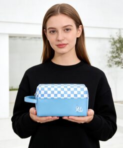 Trousse de maquillage à carreaux pour sac à main, pochette de maquillage portable à fermeture éclair, petite trousse de maquillage pour accessoires de voyage - carreaux bleus et blancs