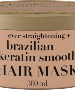 OGX Masque pour les cheveux lissant à la kératine brésilienne, 300 mL | Masque capillaire pour régénérer les cheveux et faciliter le coiffage, Masque pour des cheveux brillants et doux