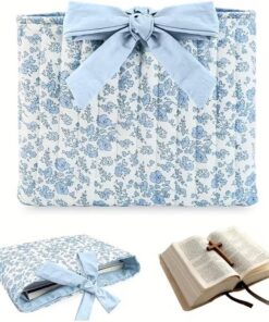 1 trousse de maquillage matelassée à motif floral, grande trousse de maquillage avec nœud en ruban, jolie boîte de rangement pour outils de beauté et accessoires (bleu)