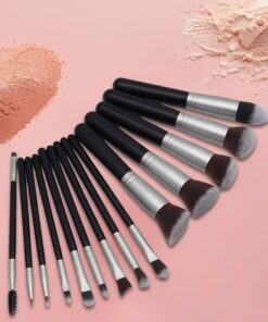 Lot de 14 pinceaux de maquillage professionnels pour fond de teint, poudre, anti-cernes, fard à paupières, blush, cadeaux pour femmes et adultes – Noir argenté