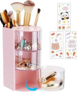 Organiseur transparent à 3 niveaux pour accessoires de cheveux avec support de pinceaux de maquillage, boîte de rangement rotative pour bijoux avec autocollants mignons pour nœuds et clips