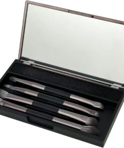 Lot de 4 pinceaux de maquillage portables, 14 x 8 x 2 cm, outils cosmétiques avec éponge de nettoyage, étui de voyage, accessoire de beauté au design compact, visage et yeux pour femme