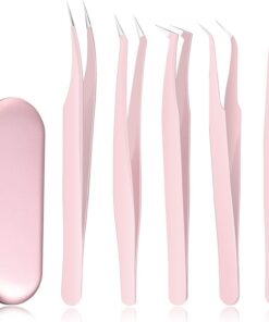 Chumia Lot de 5 pinces à cils pour extensions de cils - Haute précision - Rose - En acier inoxydable - Courbées et pointues - Avec boîte - Accessoires de maquillage pour débutants