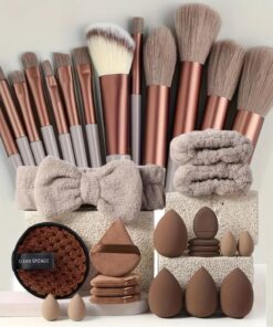 Lot de 33 pinceaux de maquillage professionnels marron avec éponges de maquillage et outils de nettoyage, outil de beauté polyvalent pour application complète du visage