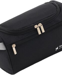 Trousse de maquillage de voyage imperméable de grande capacité avec plusieurs poches et crochet intégré en tissu Oxford durable, noir, Portable