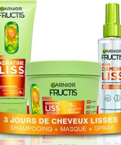 Garnier Fructis Kératine Liss Routine 3 Produits Shampooing Masque Spray | Kératine végétale & huile d'argan, 3 jours cheveux lisses, 100H brillance diamant, Thermo protecteur 230°C, Anti-humidité