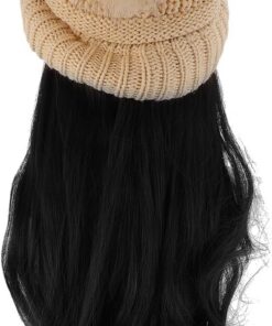 Ensemble Postiche Détachable et Bonnet Beige en Maille Postiche Longue Bouclée Noire Naturelle Accessoire Coiffure Femme Chaud et Pratique pour Usage Quotidien Soins Capillaires