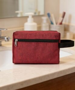 Trousse de toilette avec fermeture éclair et poignée - Rangement portable pour la maison, le bureau, l'épouse (rouge foncé)