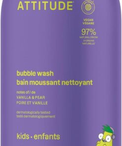 ATTITUDE Mousse Lavante Enfant, Bain Moussant, shampooing et savon corps, certifiée EWG, testée dermatologiquement, à base de plantes et minéraux, végan, Vanille & Poire, 473 mL