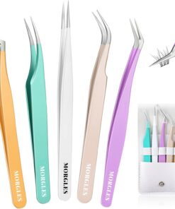 MORGLES Pinces à cils droites et incurvées pour extensions de cils, 5 pinces à épiler pour faux cils, pince à épiler de précision pour travaux manuels, outil d'application de cils pour filles, femmes,