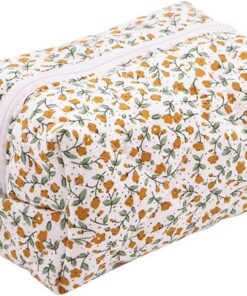Trousse de maquillage esthétique à motif floral pour femme, trousse de toilette de voyage, sac de rangement de maquillage, Motif floral jaune., Mignon