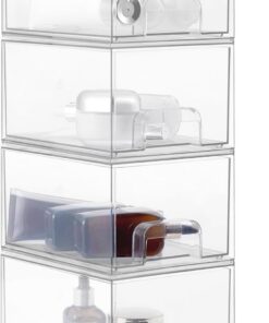 Amazon Basics Tiroirs de Rangement Empilables en Plastique, Organisateur de Maquillage, Transparent, 19.1 x 15.2 x 11.4 cm, Lot de 4