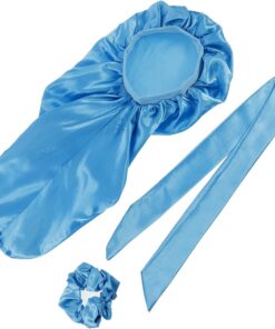 Lot de 3 Set de Bonnets de Soin Capillaire Longs en Soie Bande Élastique | Femmes, Léger et Respirant, Maintien Adapté à Plupart des Têtes, Couleur Bleu Lac