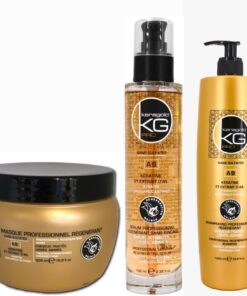 KERAGOLD PRO AB – Lot de 3 Soins Capillaires – Sans Sulfates Shampoing 1L + Masque 500ml + Sérum 100ml – Kératine & Extrait d’Ail – Fortifiant, Réparateur & Anti-Chute