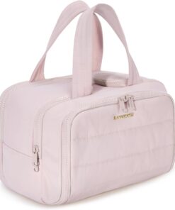 Tbagsmart Trousse de Toilette de Voyage légère, Grande Ouverture pour Femme, Organisateur de Maquillage avec poignée pour Accessoires, Articles Essentiels, Rose, gonflé