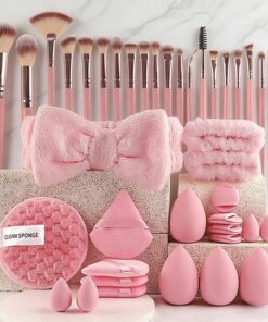 Lot de 40 pinceaux de maquillage pour femme, 20 pinceaux cosmétiques, 8 éponges mélangeurs, 8 houppettes, 3 bandeaux, 1 éponge de nettoyage, accessoires de maquillage pour le visage et de nettoyage