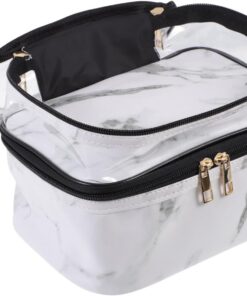 Trousse de Maquillage Marbre Grosse Capacité à Double Couche Blanche | Pu et Tissu, Format Voyage, Imperméable, Poignée Intégrée, Rangement Organisé