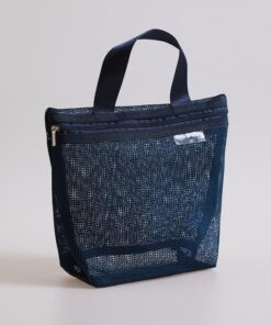 1 sac à main en maille pour maquillage, trousse de toilette, sac de rangement portable pour voyage, lavage de douche, outils de douche, pochette de rangement à fermeture éclair, bleu marine, 20 * 21