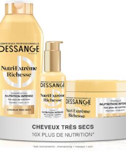 DESSANGE - Routine Cheveux Nutrition Intense Nutri-Extrême Richesse - Shampoing 280ml + Masque 280ml + Soin Sans Rinçage 110ml - Nourrit La Fibre, Les Longueurs & Pointes - Cheveux Très Secs