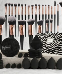 Lot de 47 pinceaux de maquillage professionnels avec étui, accessoires de maquillage pour femme, 25 pinceaux cosmétiques, 8 éponges mélangeurs, 12 houppettes, 1 éponge de nettoyage, 1 trousse de