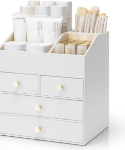 VLANDO Organiseur de maquillage avec tiroirs, organiseur de soins de la peau en cuir synthétique, organiseur de parfum, grande vitrine de maquillage pour rouge à lèvres, pinceaux cadeaux pour femme