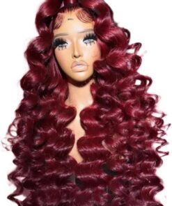Soins capillaires Perruque Frontale En Dentelle Lâche Vague Profonde Couleur Rouge Bordeaux 13X4X1 Pour Les Femmes Prepuck Noeuds Blanchiment Fibre Résistante À La Chaleur