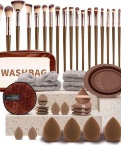 Kit complet d'outils de maquillage 42 pièces : éponge de beauté, applicateur de lavage pour le visage, petits pinceaux de maquillage, pinceaux de maquillage pour le visage et outils.