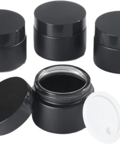 OverNews Lot de 4 bocaux en verre vides de 56,7 g avec couvercle noir et spatule, petit pot pour beauté (noir)