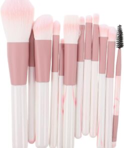 VALICLUD Ensemble de Pinceaux Cosmétiques 12 Pièces avec Manches en Bois Effet Vague Bleu Clair, Pinceaux Estompeurs et Correcteurs pour Visage et Yeux, Kit de Maquillage Portable Voyage