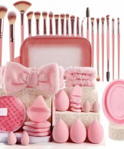 Ensemble de pinceaux de maquillage professionnels 42 en 1 avec pinceaux à sourcils, fard à paupières, houppette, outils de maquillage cadeau pour femme, rose
