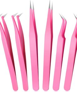 Lot de 6 pinces à épiler pour extensions de cils - En acier inoxydable - Pointe droite - Pointe incurvée - Pour application de faux cils - Rose