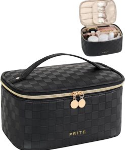Prite Trousse de Maquillage Femme avec Support à Pinceaux, Noir, Standard | Trousse de Toilette, Vanity Case, Voyage, Multi-Compartiments, Séparateur Amovible, Poignée Solide, Hydrofuge, Cuir Vegan