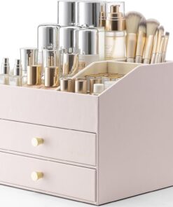 Vlando Organiseur de maquillage, organisateur de soins de la peau pour coiffeuse, organiseur de maquillage en cuir PU avec tiroirs, présentoir cosmétique pour plan de travail, parfum, idées cadeaux