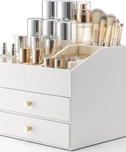 VLANDO Organisateur de maquillage pour coiffeuse, organisateur de comptoir de grande capacité avec tiroirs, étui de présentation cosmétique en cuir PU pour rouge à lèvres, brosses, soins de la peau