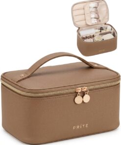 Prite Trousse de Maquillage Femme avec Support à Pinceaux, Marron, Standard | Trousse de Toilette, Vanity Case, Voyage, Multi-Compartiments, Séparateur Amovible, Poignée Solide, Hydrofuge, Cuir Vegan
