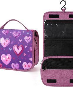 Trousse de toilette violette à motif d'amour pour hommes et femmes, trousse de maquillage portable à crochet de suspension, trousse de maquillage pour accessoires, shampooing, conteneur