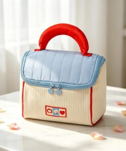 1 trousse de maquillage mignonne en forme de maison, pochette de rangement de grande capacité, trousse de toilette de voyage portable – bloc de couleur rouge et bleu