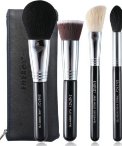 ENERGY Lot de 4 pinceaux de maquillage synthétiques de qualité supérieure pour fond de teint, fard à joues, contour, poudre bronzante, surligneur, pinceaux de maquillage avec étui en polyuréthane noir