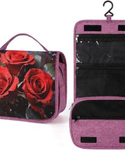 Trousse de toilette romantique avec roses rouges pour homme et femme, trousse de maquillage portable à crochet de suspension, trousse de maquillage pour accessoires, shampooing, conteneur