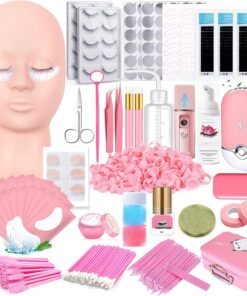 Kit d'extension de cils Kit de pratique de faux cils pour débutants Ensemble professionnel avec tête de mannequin, paupières amovibles, ventilateur USB, vaporisateur, faux cils individuels, bandes de
