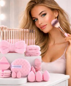 Lot de 40 pinceaux de maquillage avec éponges, houppette, bandeau, poignée en marbre, kit d'outils cosmétiques pour application quotidienne de maquillage - Rose
