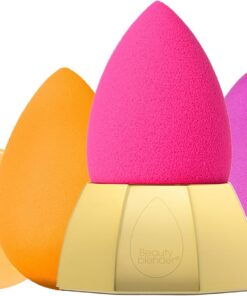 Beautyblender® Cosmo Beauty Blender Lot de 5 accessoires essentiels : 3 éponges de maquillage, 1 éponge et nettoyant pour pinceaux, support gigogne, application professionnelle, végétalien et sans