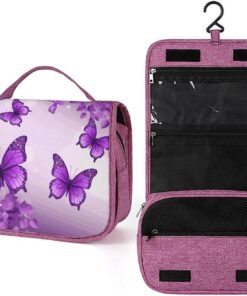 Trousse de toilette pour homme et femme, motif papillons violets, crochet de suspension, trousse de maquillage pour accessoires, shampooing, conteneur pleine grandeur, articles de toilette