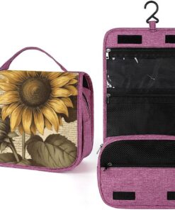 Trousse de toilette rétro tournesol pour homme et femme, crochet de suspension portable, trousse de maquillage, trousse de maquillage pour accessoires, shampooing, conteneur pleine grandeur