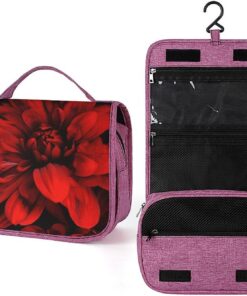 Trousse de toilette noire avec fleur rouge pour homme et femme, trousse de maquillage portable à crochet de suspension, trousse de maquillage pour accessoires, shampooing, conteneur pleine