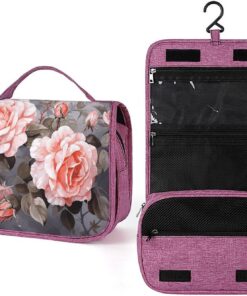 Trousse de toilette avec fleurs de rose avec feuilles pour homme et femme, crochet de suspension portable, trousse de maquillage pour accessoires, shampooing, conteneur pleine grandeur