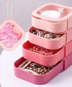 Kathfly Lot de 4 organiseurs de voyage pour élastiques à cheveux, accessoires pour cheveux, empilables et porte-épingles à cheveux pour bijoux, cotons-tiges, pinces et accessoires (couleur rose)